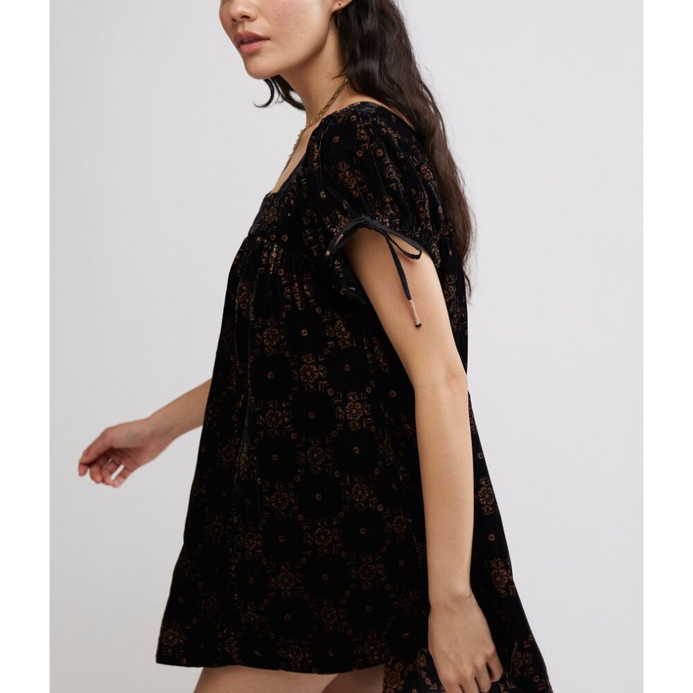 FP Velvet Short Sleeve Square Neck Mini Dress - Black with Metallic Print - Picture 5 of 16